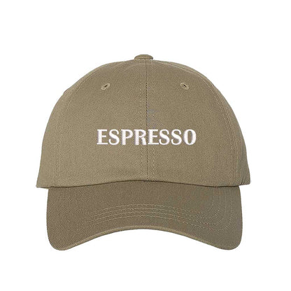 Khaki close-up view of a DSY Lifestyle cotton baseball hat featuring the word Espresso in crisp white embroidery. - DSY Lifestyle