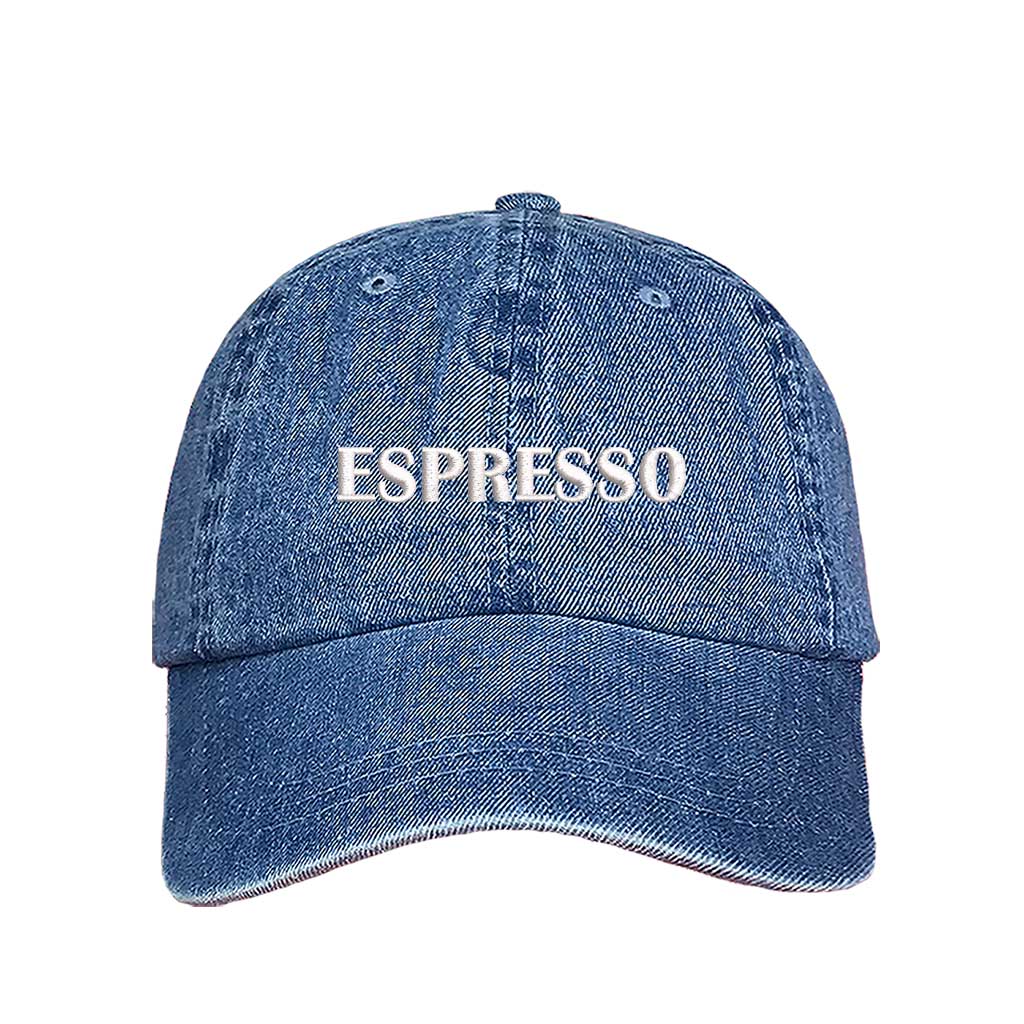 Light Denim close-up view of a DSY Lifestyle cotton baseball hat featuring the word Espresso in crisp white embroidery. - DSY Lifestyle