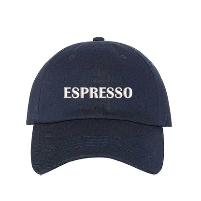 Navy Blue close-up view of a DSY Lifestyle cotton baseball hat featuring the word Espresso in crisp white embroidery. - DSY Lifestyle