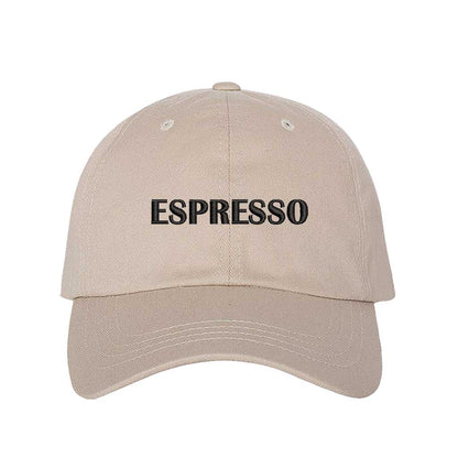 Stone close-up view of a DSY Lifestyle cotton baseball hat featuring the word Espresso in crisp black embroidery. - DSY Lifestyle
