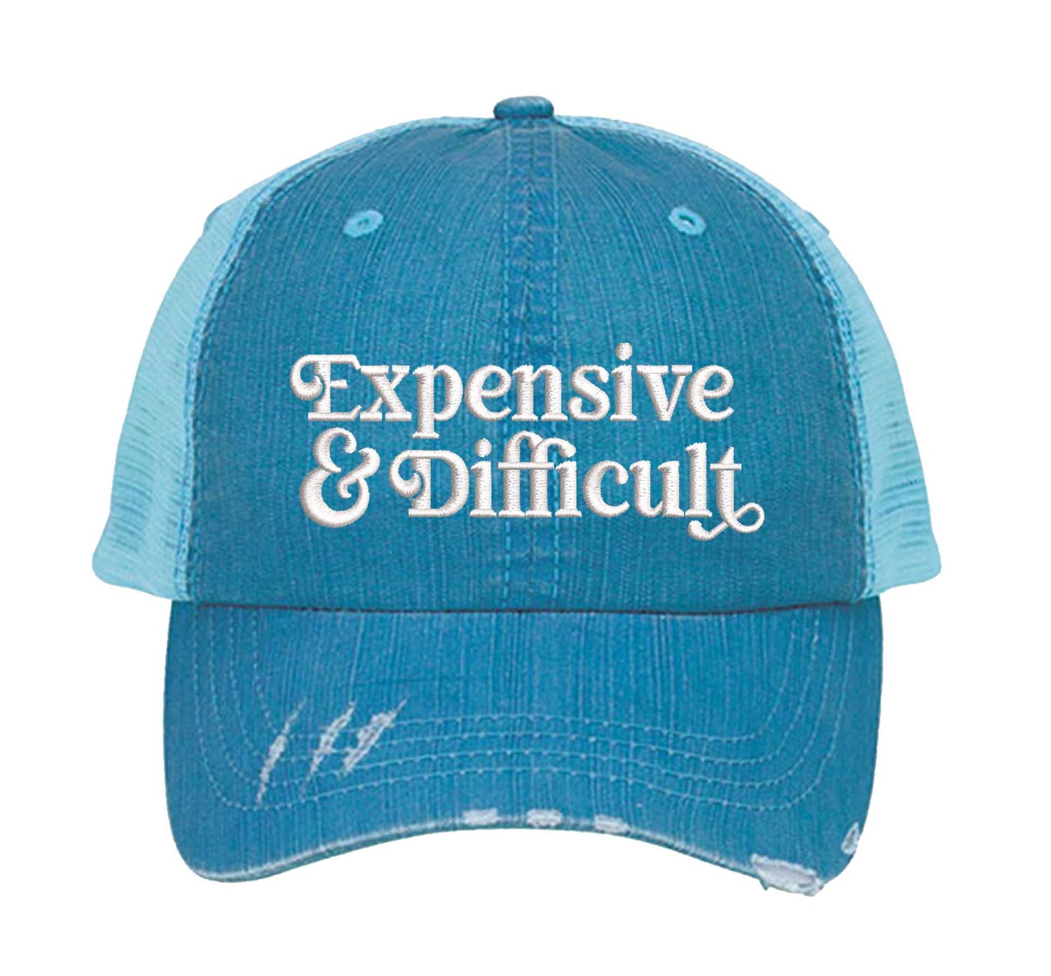 Aqua DSY Lifestyle distressed trucker hat featuring the phrase Expensive &amp; Difficult in bold, professional embroidery. - DSY Lifestyle