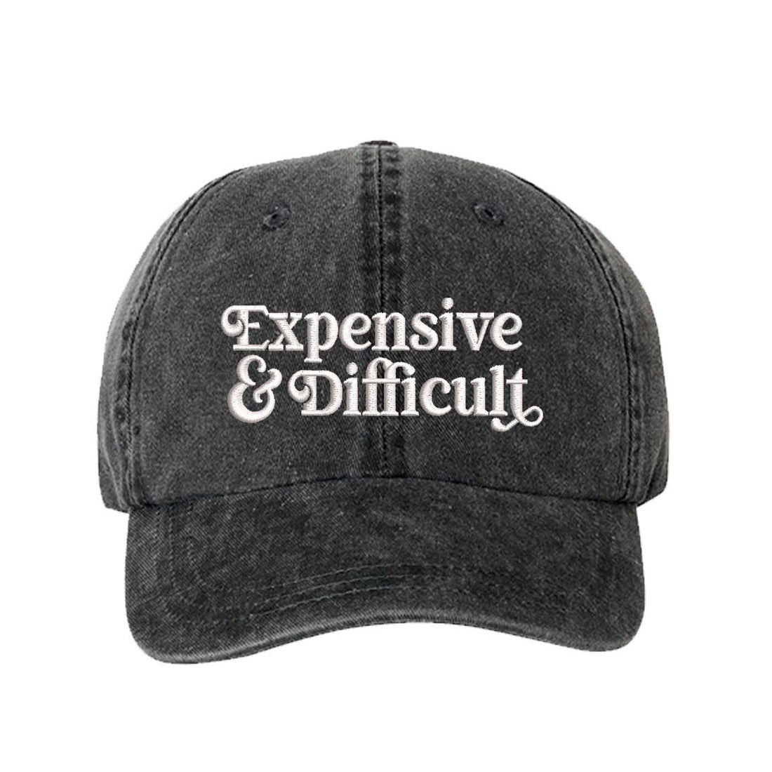 Black Expensive &amp; Difficult washed cotton baseball hat with a soft finish and high-density white embroidery by DSY Lifestyle. - DSY Lifestyle