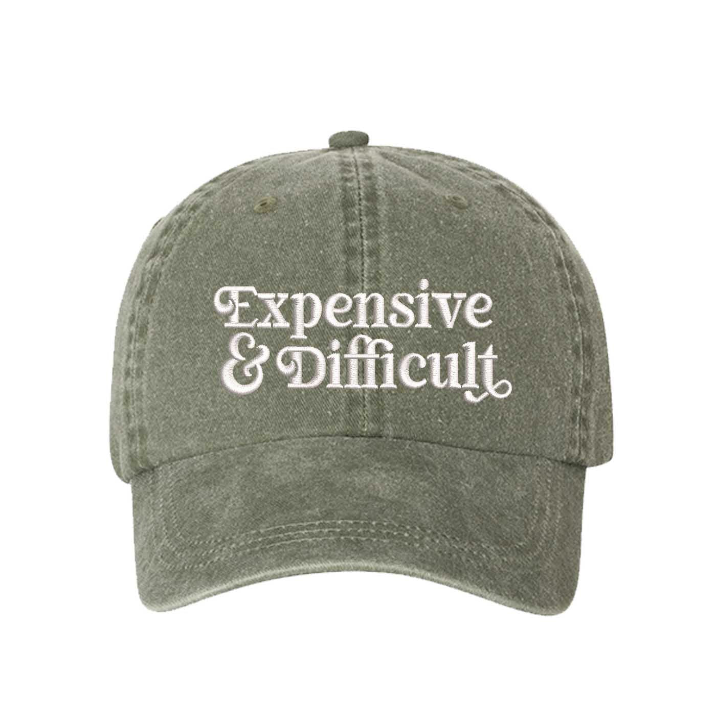 Olive Expensive &amp; Difficult washed cotton baseball hat with a soft finish and high-density white embroidery by DSY Lifestyle. - DSY Lifestyle