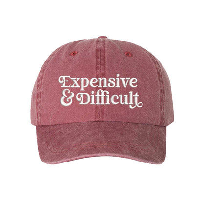 Wine Expensive &amp; Difficult washed cotton baseball hat with a soft finish and high-density white embroidery by DSY Lifestyle. - DSY Lifestyle