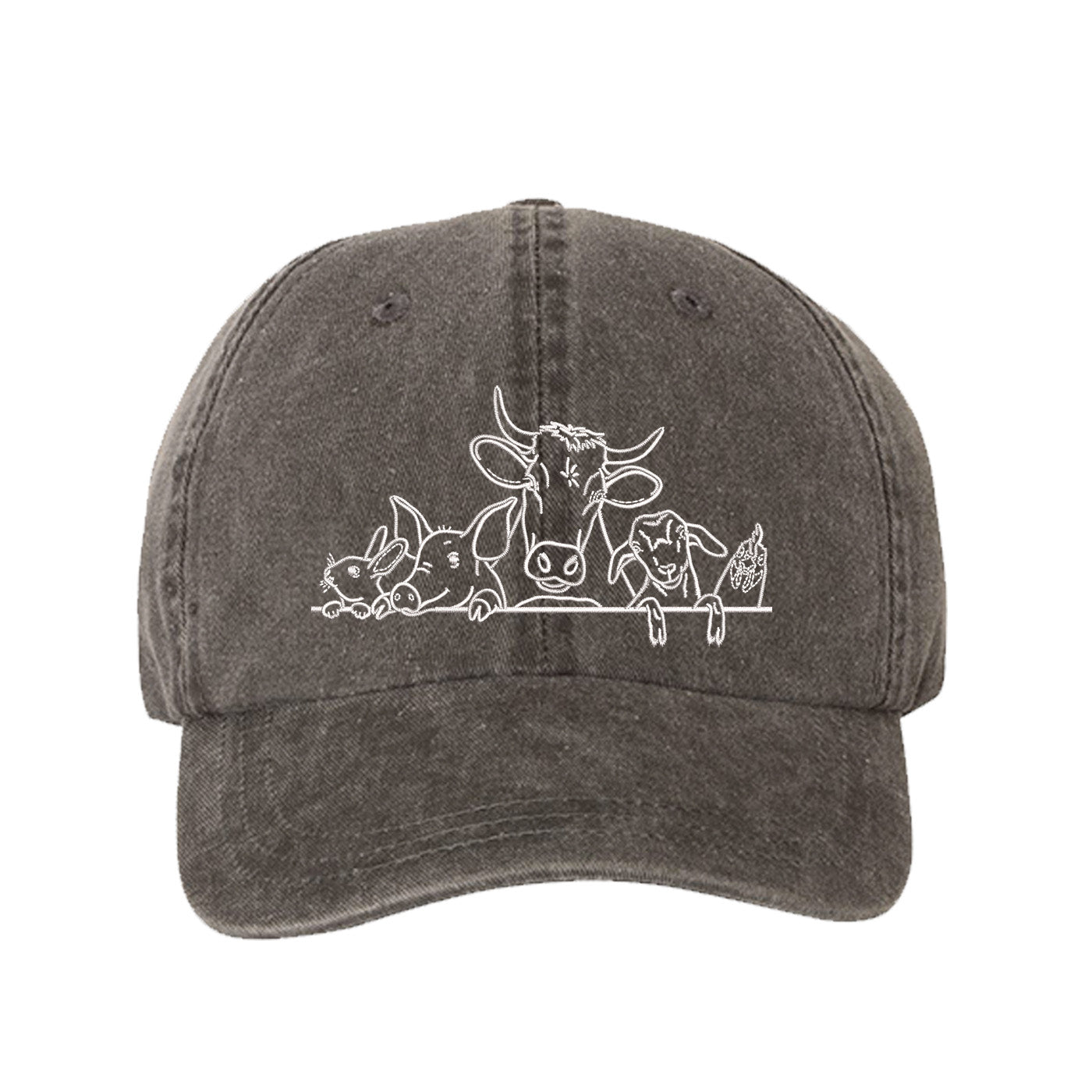 Black Farm Animals Washed Baseball Hat featuring detailed cow and farm animal embroidery on a premium washed dad cap; a heritage-inspired piece by DSY Lifestyle.