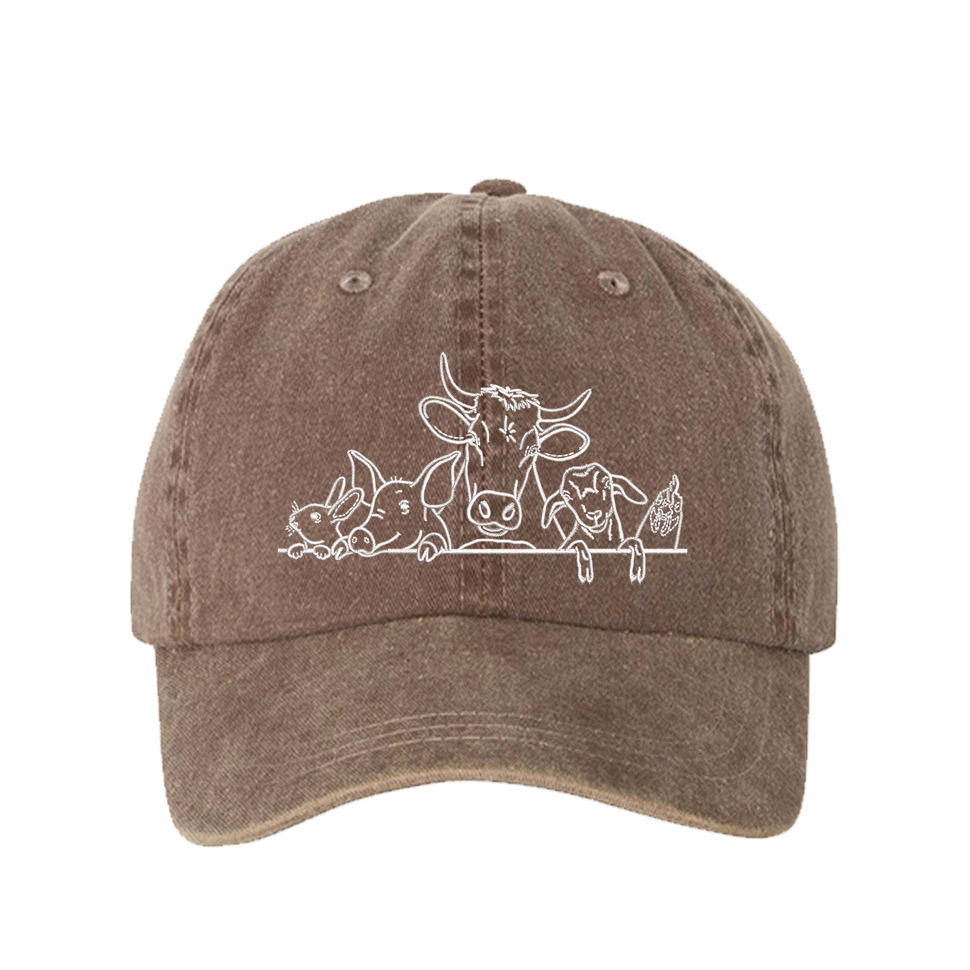 Chocolate Brown Farm Animals Washed Baseball Hat featuring detailed cow and farm animal embroidery on a premium washed dad cap; a heritage-inspired piece by DSY Lifestyle.