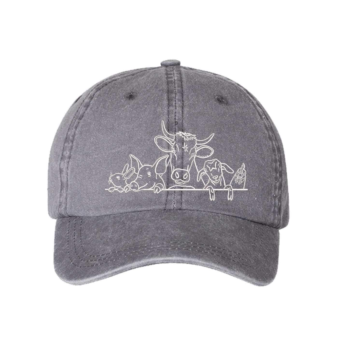 Gray Farm Animals Washed Baseball Hat featuring detailed cow and farm animal embroidery on a premium washed dad cap; a heritage-inspired piece by DSY Lifestyle.