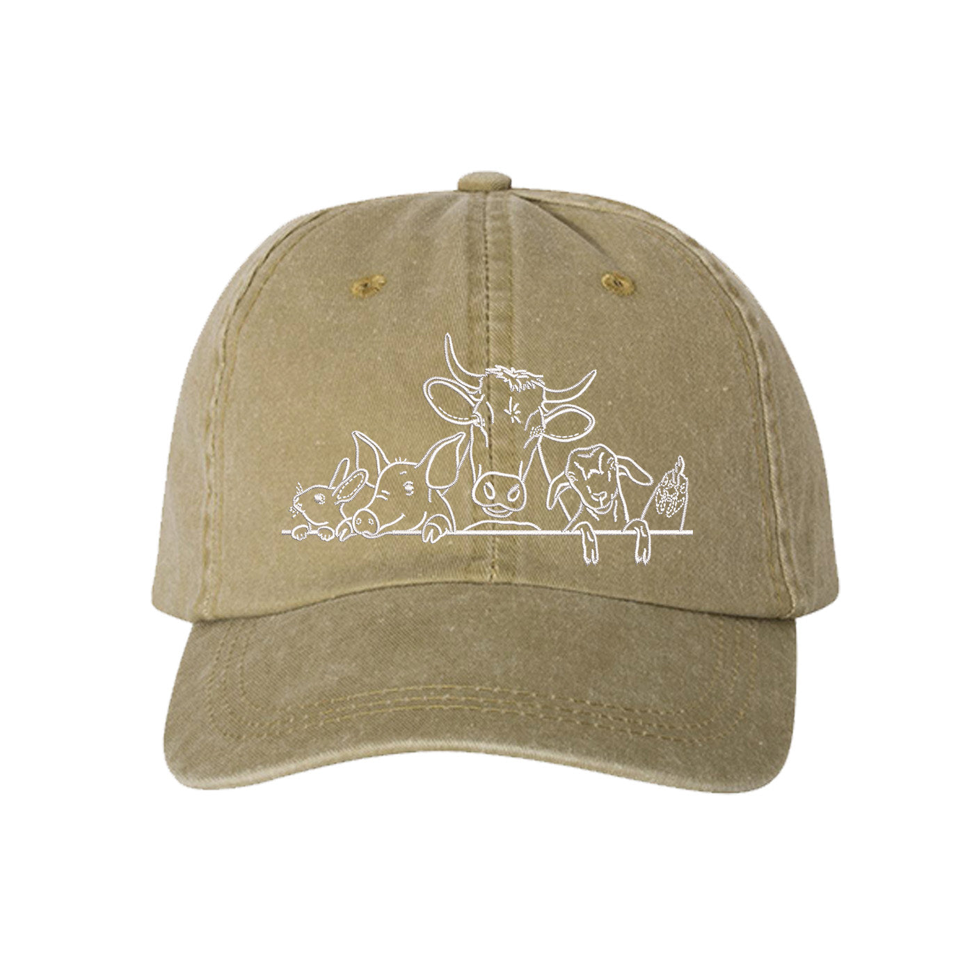 Khaki Farm Animals Washed Baseball Hat featuring detailed cow and farm animal embroidery on a premium washed dad cap; a heritage-inspired piece by DSY Lifestyle.