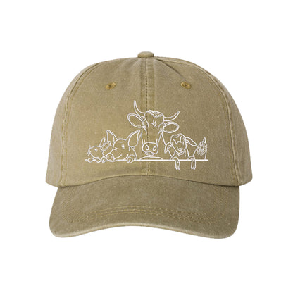 Khaki Farm Animals Washed Baseball Hat featuring detailed cow and farm animal embroidery on a premium washed dad cap; a heritage-inspired piece by DSY Lifestyle.
