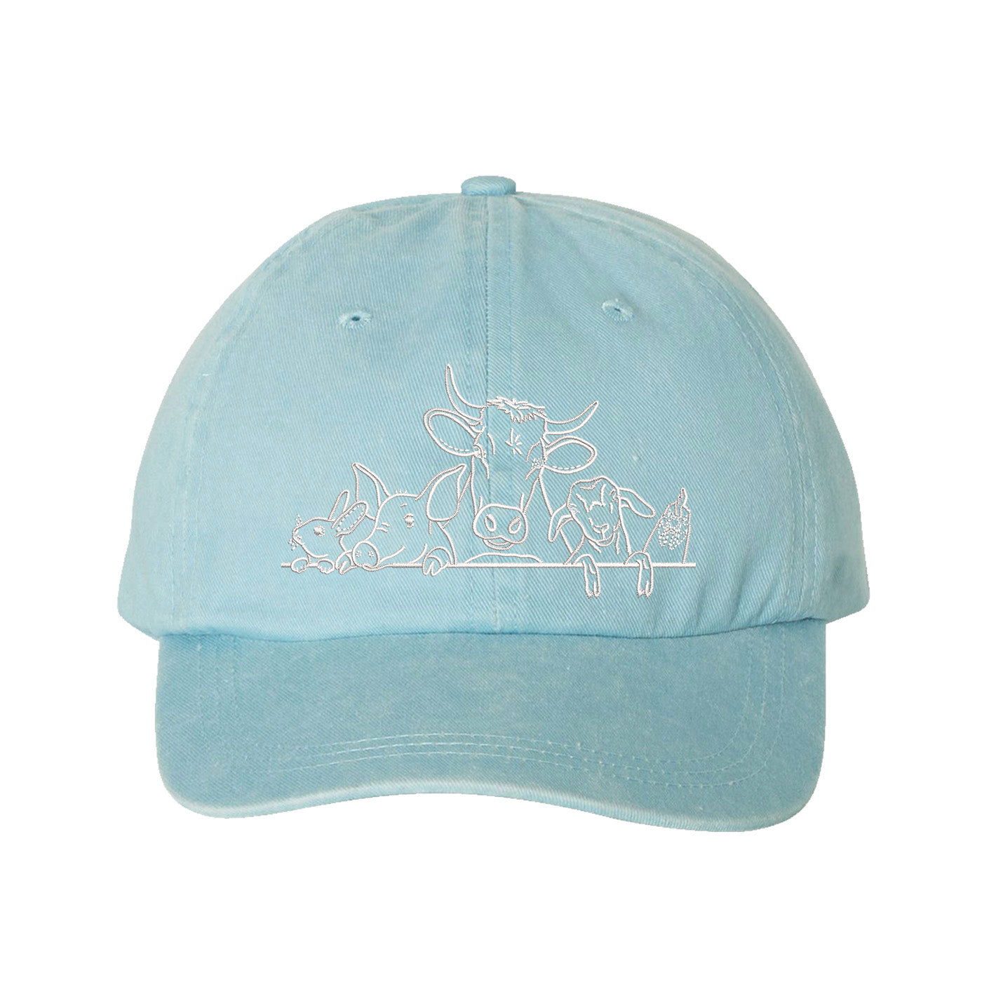 Light Blue Farm Animals Washed Baseball Hat featuring detailed cow and farm animal embroidery on a premium washed dad cap; a heritage-inspired piece by DSY Lifestyle.