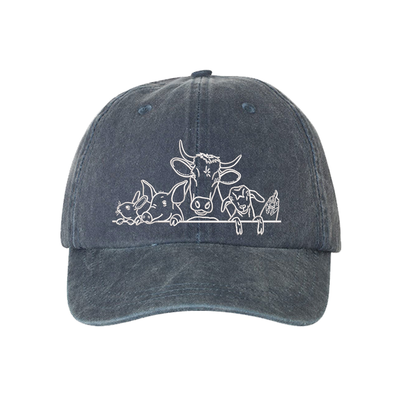 Navy Blue Farm Animals Washed Baseball Hat featuring detailed cow and farm animal embroidery on a premium washed dad cap; a heritage-inspired piece by DSY Lifestyle.
