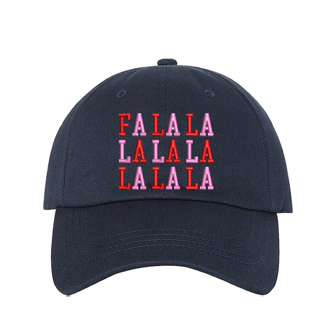 Navy Blue Fa La La Pink Christmas Embroidered Baseball Hat with festive embroidered lettering and adjustable hook and loop closure – DSY Lifestyle