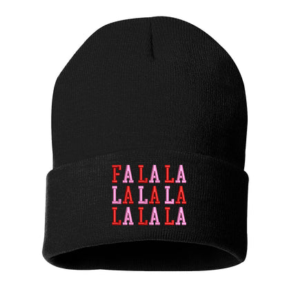 Black Fa La La Pink Embroidered Beanie Cap featuring festive holiday embroidery and soft knit fabric for cozy winter style – DSY Lifestyle