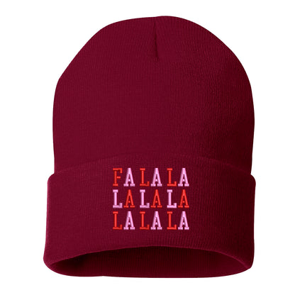 Red Fa La La Pink Embroidered Beanie Cap featuring festive holiday embroidery and soft knit fabric for cozy winter style – DSY Lifestyle