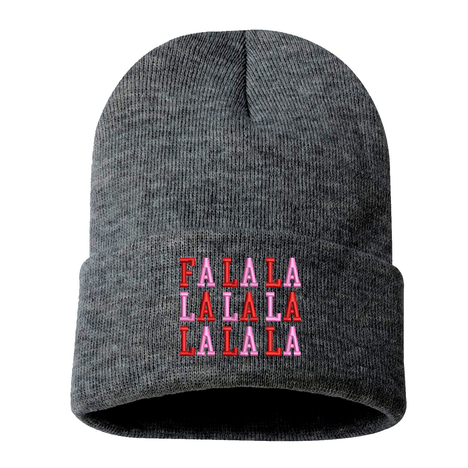 Charcoal Gray Fa La La Pink Embroidered Beanie Cap featuring festive holiday embroidery and soft knit fabric for cozy winter style – DSY Lifestyle