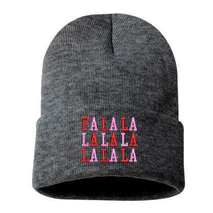 Charcoal Gray Fa La La Pink Embroidered Beanie Cap featuring festive holiday embroidery and soft knit fabric for cozy winter style – DSY Lifestyle