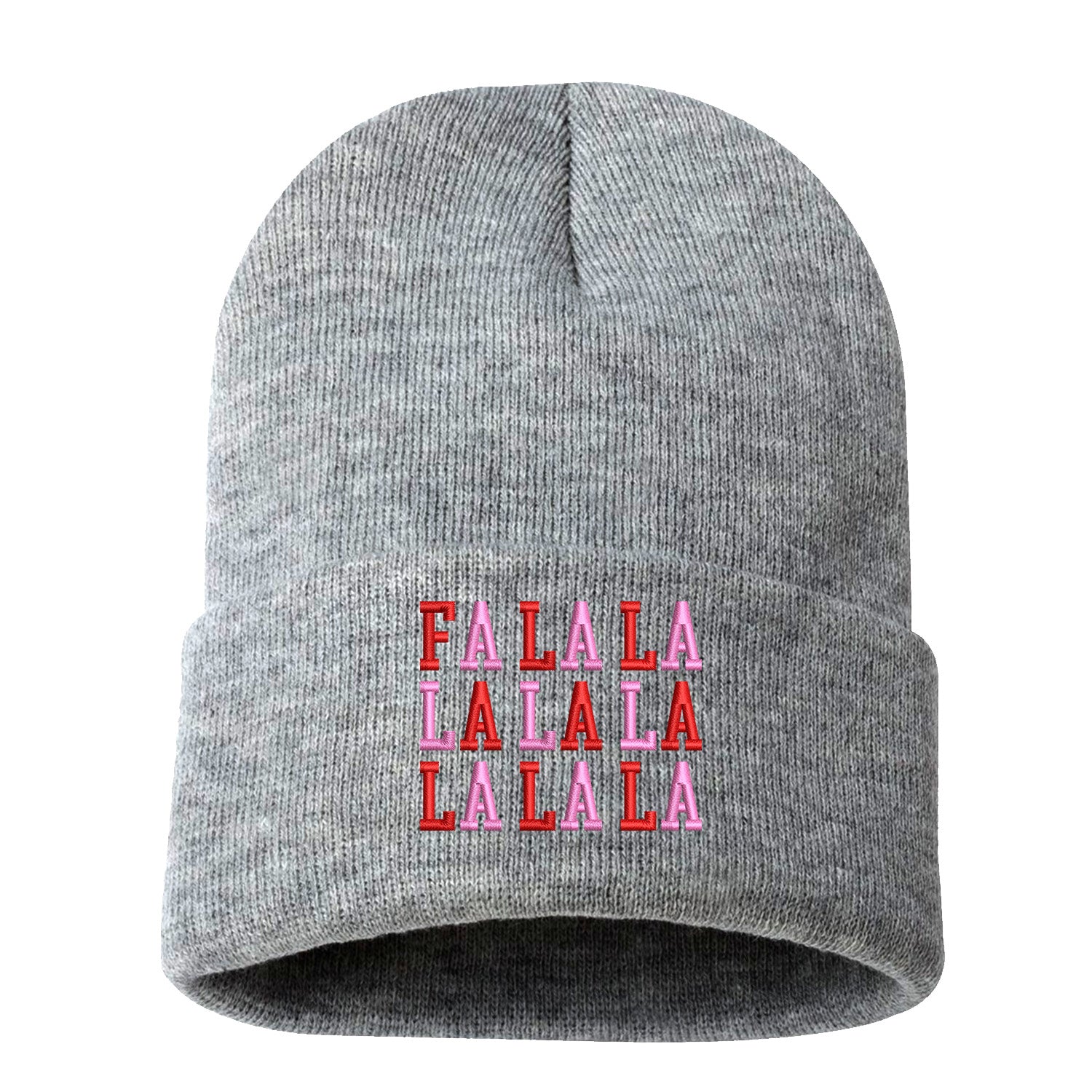 Heather Gray Fa La La Pink Embroidered Beanie Cap featuring festive holiday embroidery and soft knit fabric for cozy winter style – DSY Lifestyle