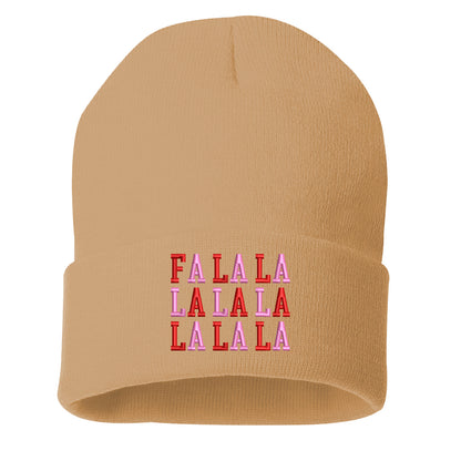 Tan Fa La La Pink Embroidered Beanie Cap featuring festive holiday embroidery and soft knit fabric for cozy winter style – DSY Lifestyle