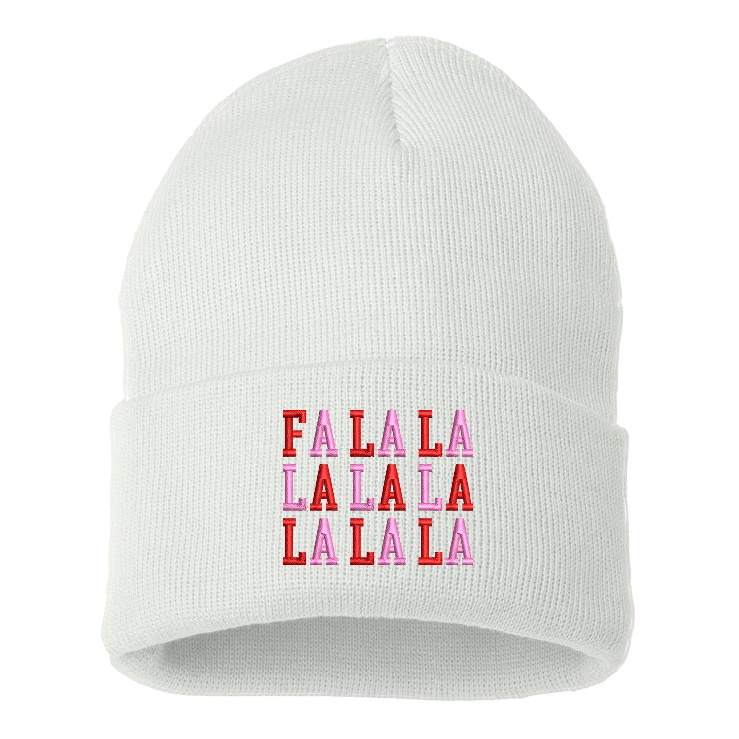 White Fa La La Pink Embroidered Beanie Cap featuring festive holiday embroidery and soft knit fabric for cozy winter style – DSY Lifestyle