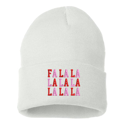 White Fa La La Pink Embroidered Beanie Cap featuring festive holiday embroidery and soft knit fabric for cozy winter style – DSY Lifestyle