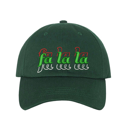 Forest Green Fa La La Christmas Stacked Embroidered Baseball Hat with festive embroidery and adjustable fit, perfect for holiday style and Christmas cheer – DSY Lifestyle.