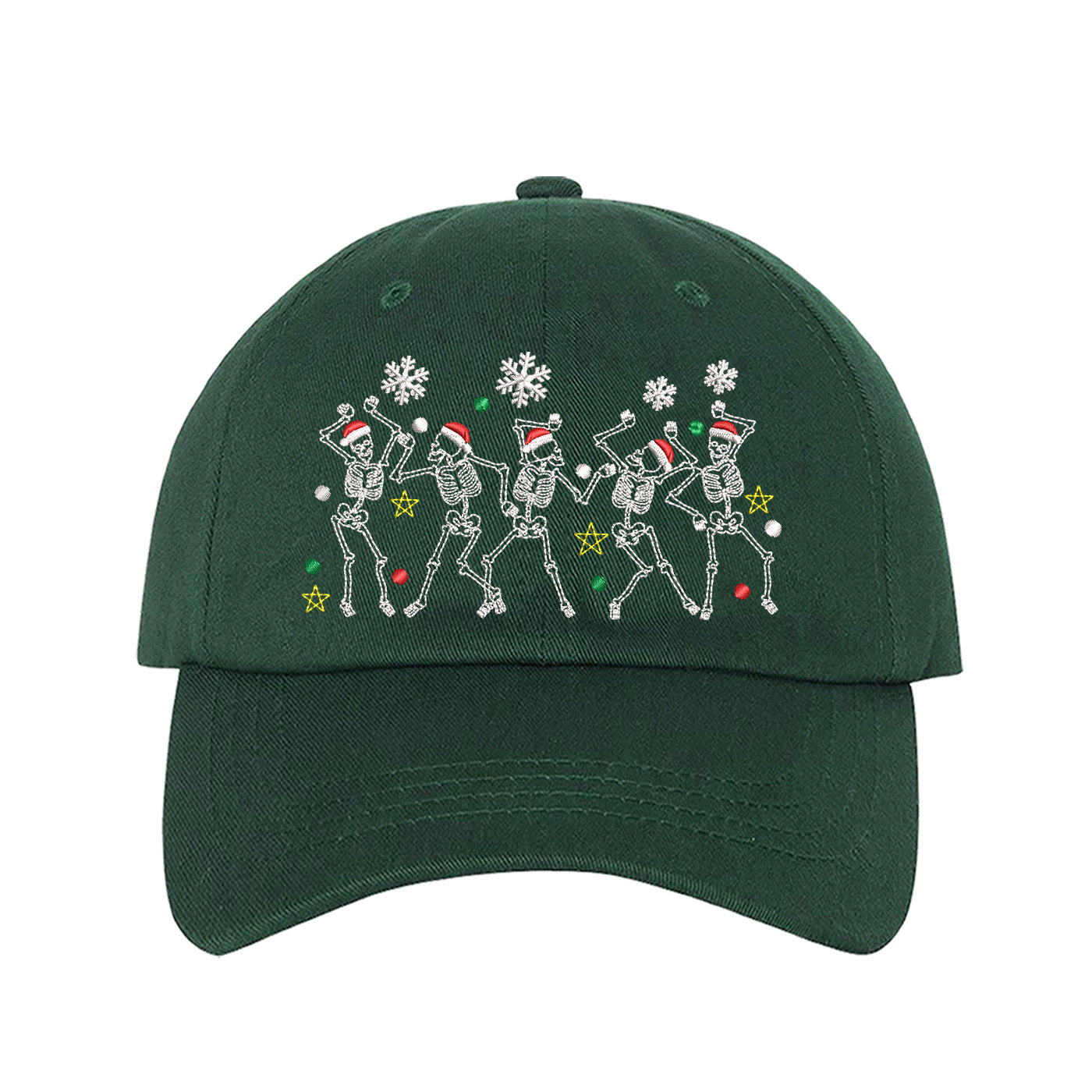 Forest Green Dancing Skeletons Christmas Embroidered Baseball Hat featuring festive dancing skeleton embroidery and adjustable hook and loop closure – DSY Lifestyle.
