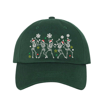 Forest Green Dancing Skeletons Christmas Embroidered Baseball Hat featuring festive dancing skeleton embroidery and adjustable hook and loop closure – DSY Lifestyle.
