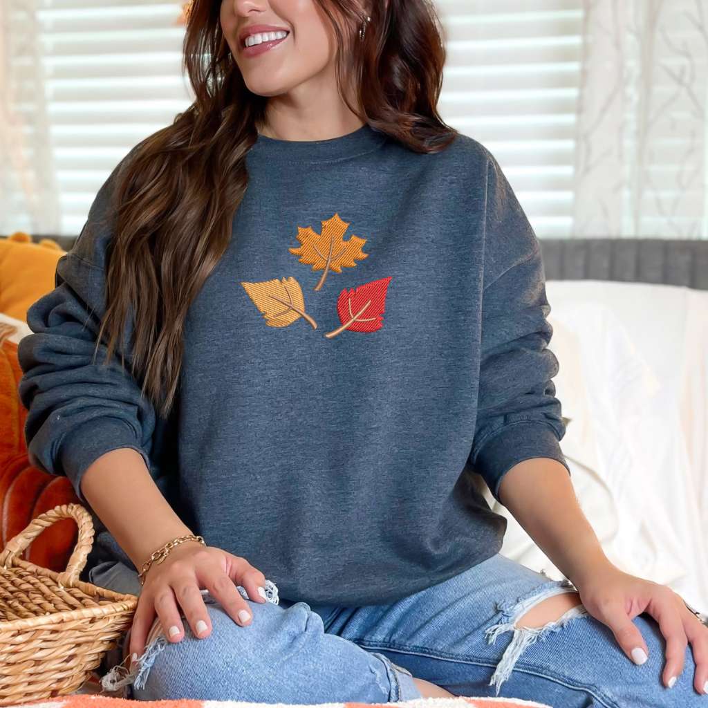 Dark Heather Gray Sweatshirt embroidered with Fall Leaves - DSY Lifestyle