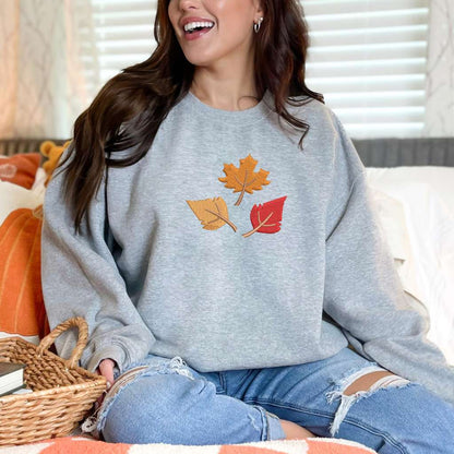 Heather Gray Sweatshirt embroidered with Fall Leaves - DSY Lifestyle