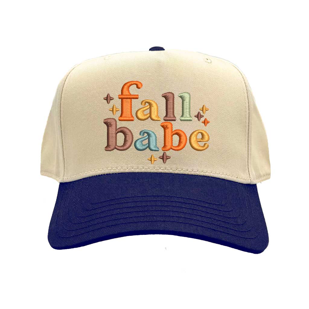 Natural Navy Blue Fall Babe Two Tone 5 Panel Embroidered Baseball Hat with premium stitching, breathable cotton fabric, and adjustable snapback closure – DSY Lifestyle