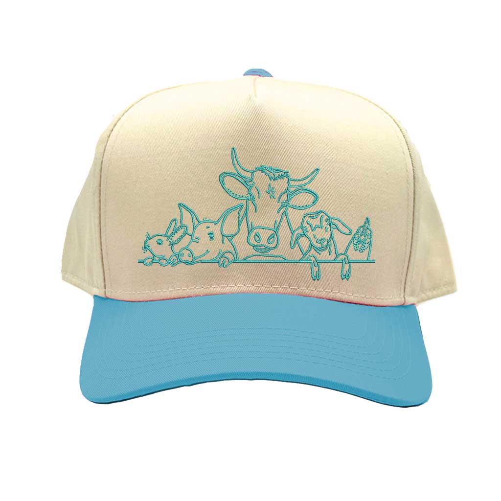 Natural Aqua DSY Lifestyle two-tone baseball hat with a natural crown and  contrasting bill, featuring an embroidered graphic of a cow, pig, and rooster family. - DSY Lifestyle