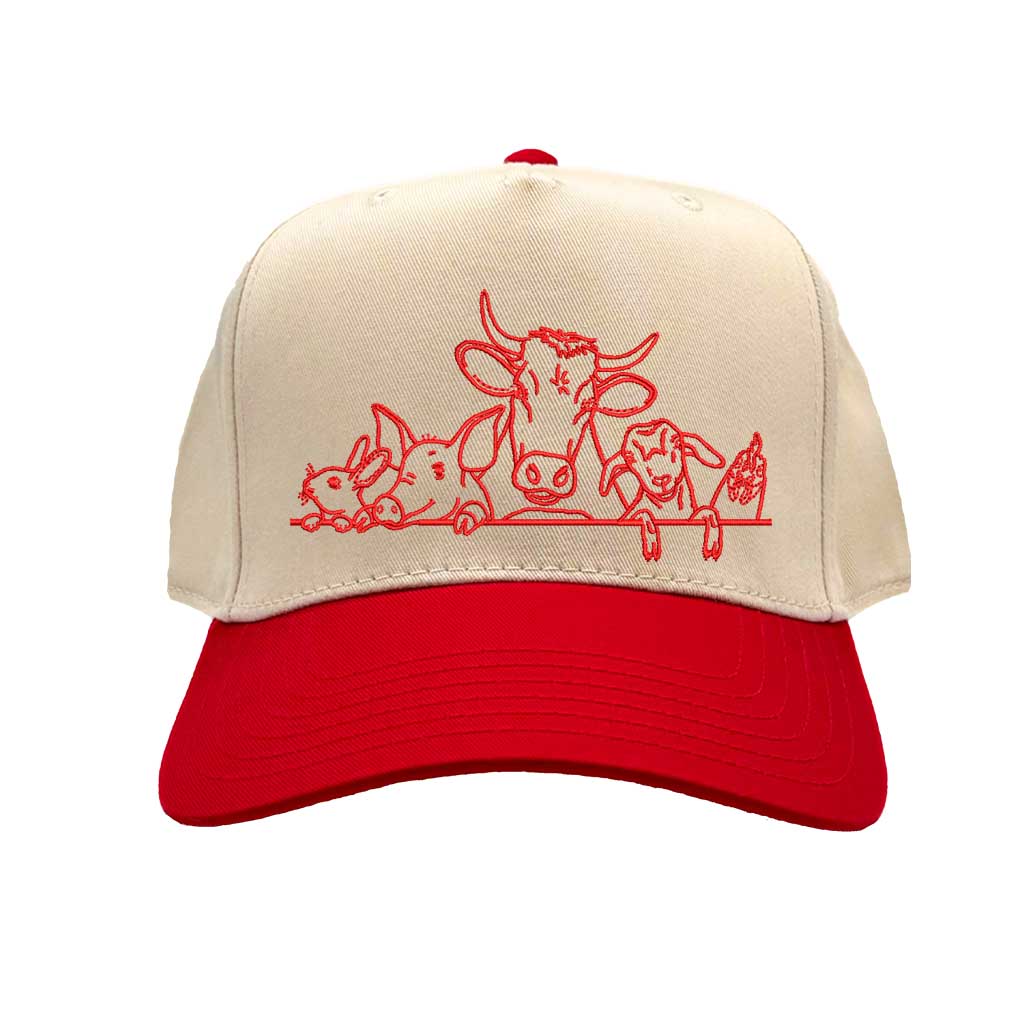 Natural Red DSY Lifestyle two-tone baseball hat with a natural crown and  contrasting bill, featuring an embroidered graphic of a cow, pig, and rooster family. - DSY Lifestyle