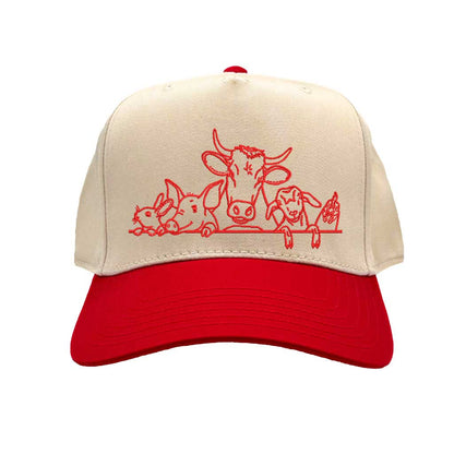 Natural Red DSY Lifestyle two-tone baseball hat with a natural crown and  contrasting bill, featuring an embroidered graphic of a cow, pig, and rooster family. - DSY Lifestyle