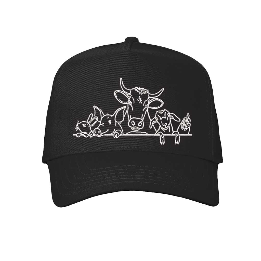 Solid Black DSY Lifestyle 5-panel baseball hat, featuring an embroidered graphic of a cow, pig, and rooster family. - DSY Lifestyle