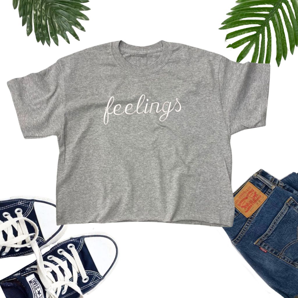 Heather Gray Flat lay crop top embroidered with Feelings _ DSY Lifestyle