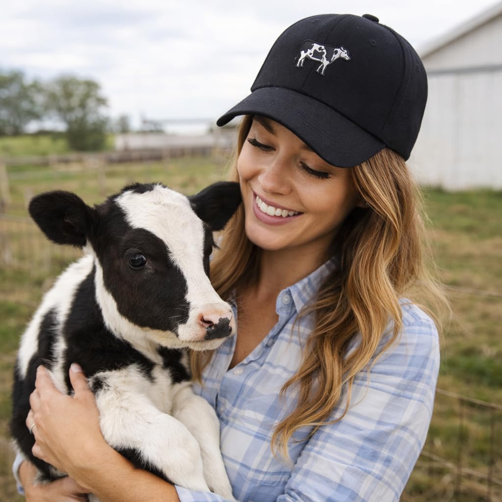 Female holding a miniature cow wearing a Black Holstein Cow - Embroidered Baseball Hat makes a distinctive statement. An ideal accessory for both practical wear and showing off your farming pride. DSY Lifestyle