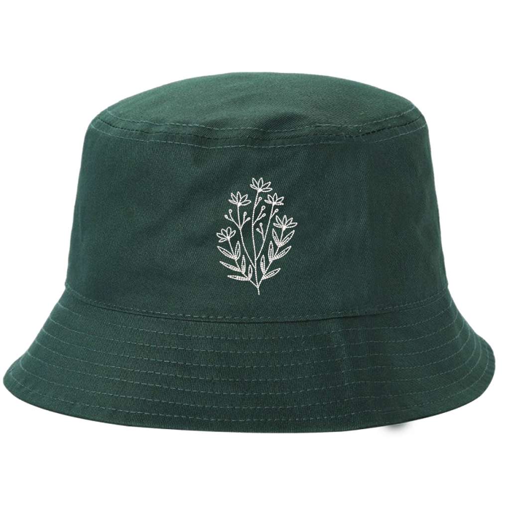 Forest green bucket hat with a wildflower embroidered on it- DSY Lifestyle