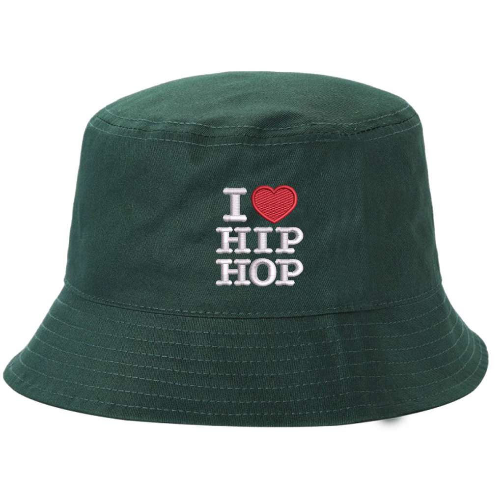 Forest green bucket hat embroidered with the phrase i love hip hop but love is a heart-DSY Lifestyle