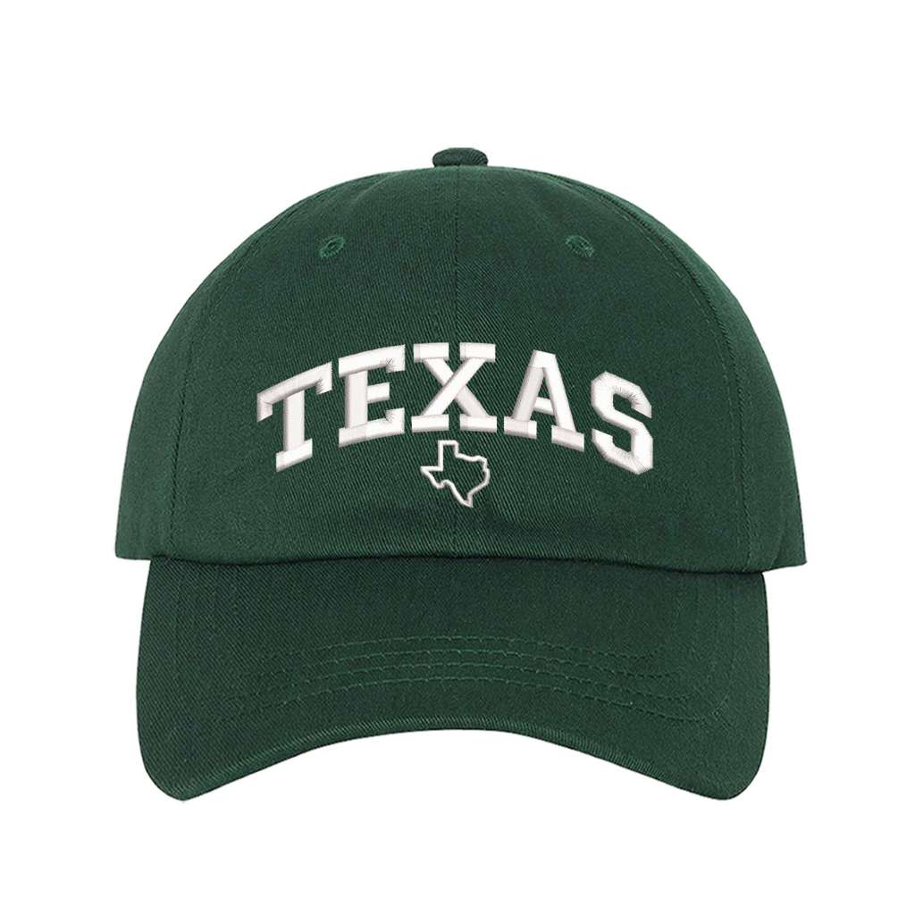 Forest green baseball hat embroidered with the word texas and a small map of texas underneath the word- DSY Lifestyle