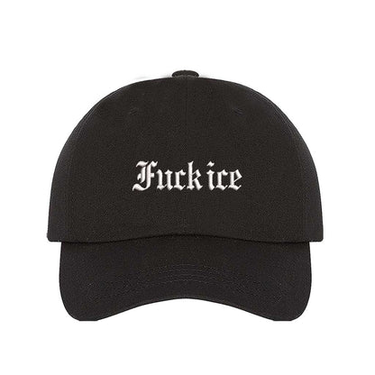 Black Fuck Ice Old English Baseball Hat featuring bold Gothic embroidery on a classic dad cap; a high-impact statement piece by DSY Lifestyle.