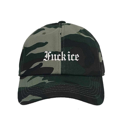 Camo Fuck Ice Old English Baseball Hat featuring bold Gothic embroidery on a classic dad cap; a high-impact statement piece by DSY Lifestyle.