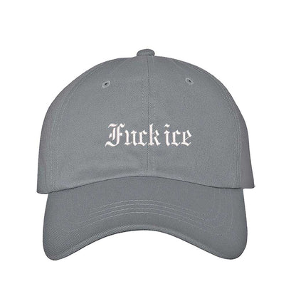 Gray Fuck Ice Old English Baseball Hat featuring bold Gothic embroidery on a classic dad cap; a high-impact statement piece by DSY Lifestyle.