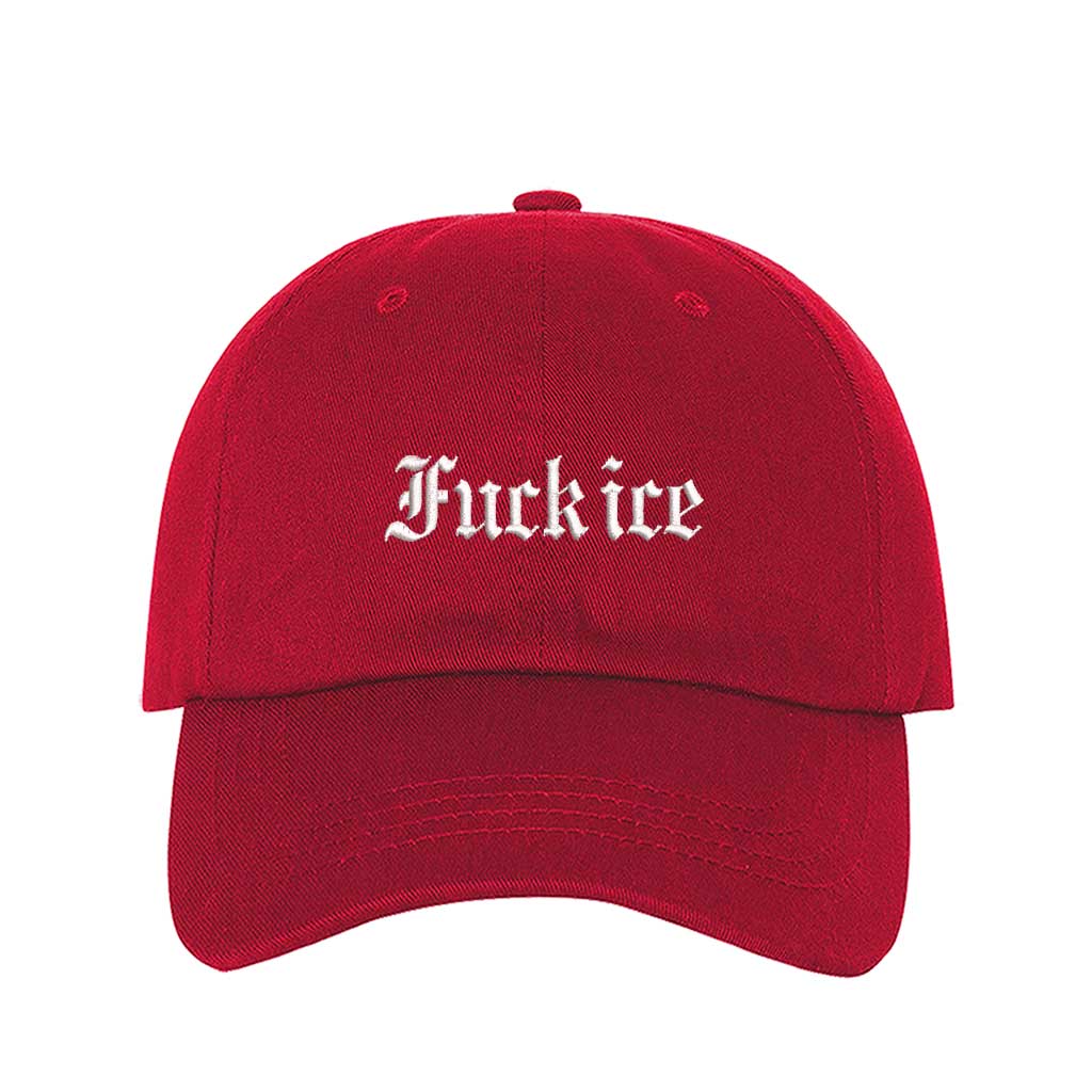 Red Fuck Ice Old English Baseball Hat featuring bold Gothic embroidery on a classic dad cap; a high-impact statement piece by DSY Lifestyle.