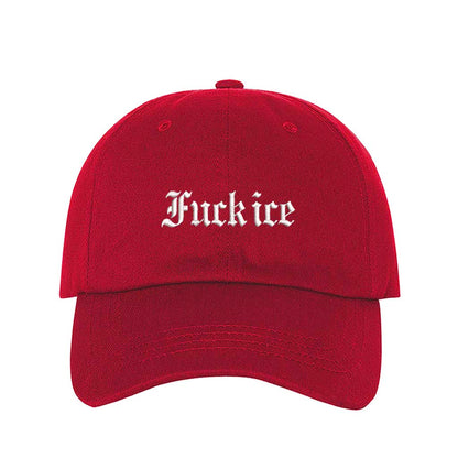 Red Fuck Ice Old English Baseball Hat featuring bold Gothic embroidery on a classic dad cap; a high-impact statement piece by DSY Lifestyle.