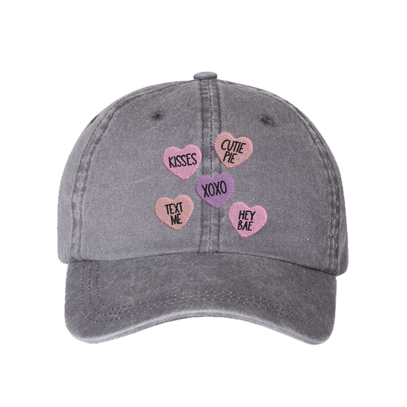 Gray Candy Hearts Washed Baseball Hat featuring colorful pastel conversation heart embroidery on a vintage washed dad cap by DSY Lifestyle.