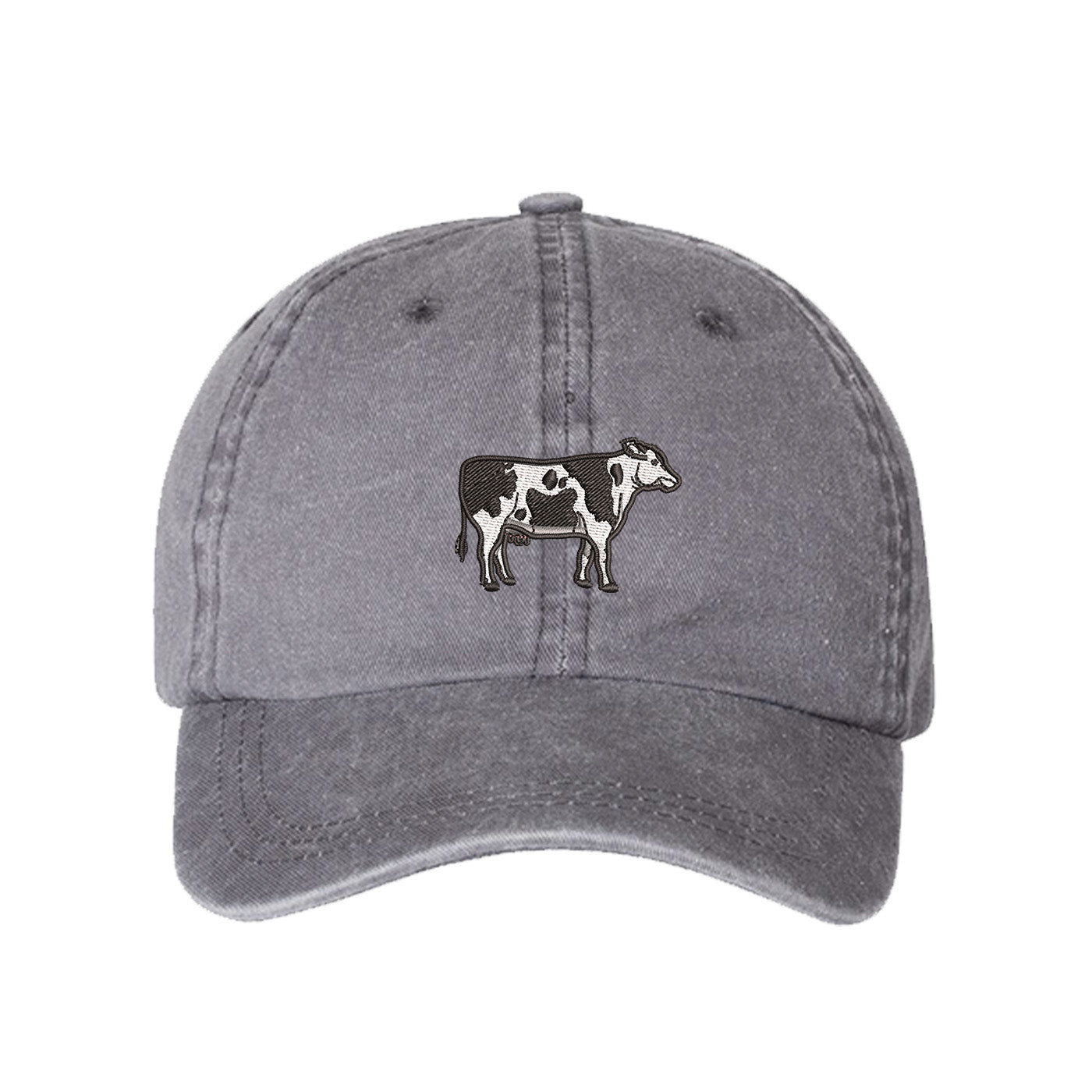 Gray Holstein Cow Washed Baseball Hat featuring a detailed black and white Holstein cow embroidered on a premium washed cotton crown; a heritage-inspired farm life piece by DSY Lifestyle.
