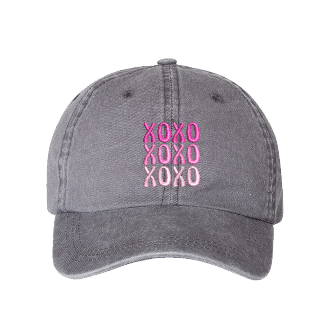 Gray XOXO Washed Baseball Hat featuring white "XOXO" embroidery on a vintage-washed charcoal dad cap by DSY Lifestyle.