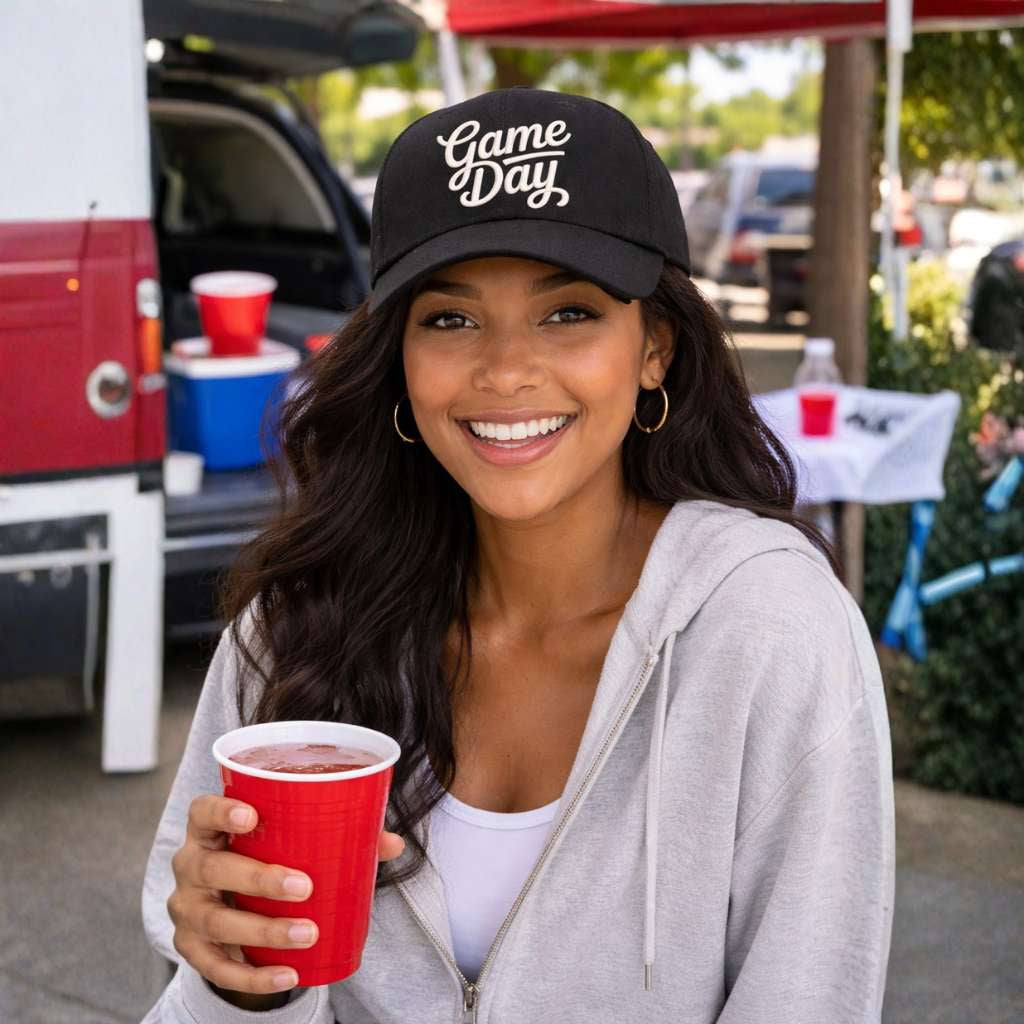 Beautiful female tailgating wearing a Black Gameday embroidered baseball hat with adjustable strap and curved brim - DSY Lifestyle