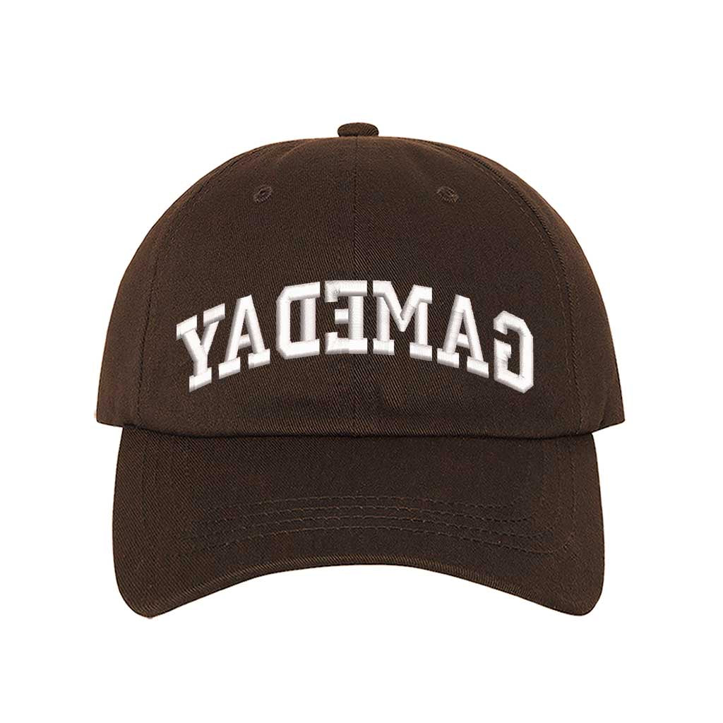 Brown baseball hat embroidered with the phrase gameday backwards-DSY Lifestyle