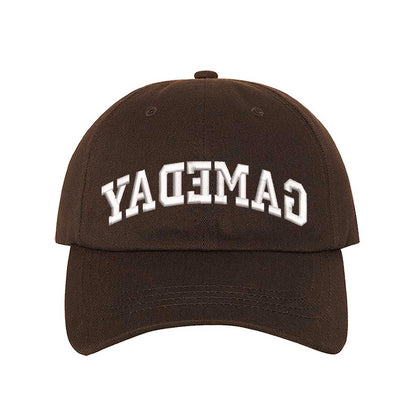 Brown baseball hat embroidered with the phrase gameday backwards-DSY Lifestyle